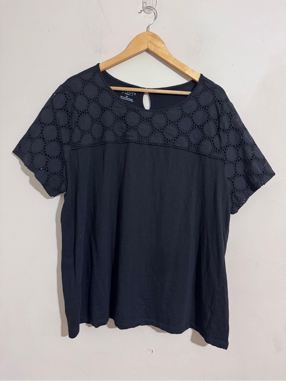 Talbots Black Mix Media Tee Shirt Short Sleeve Eyelet Yoke size 3X